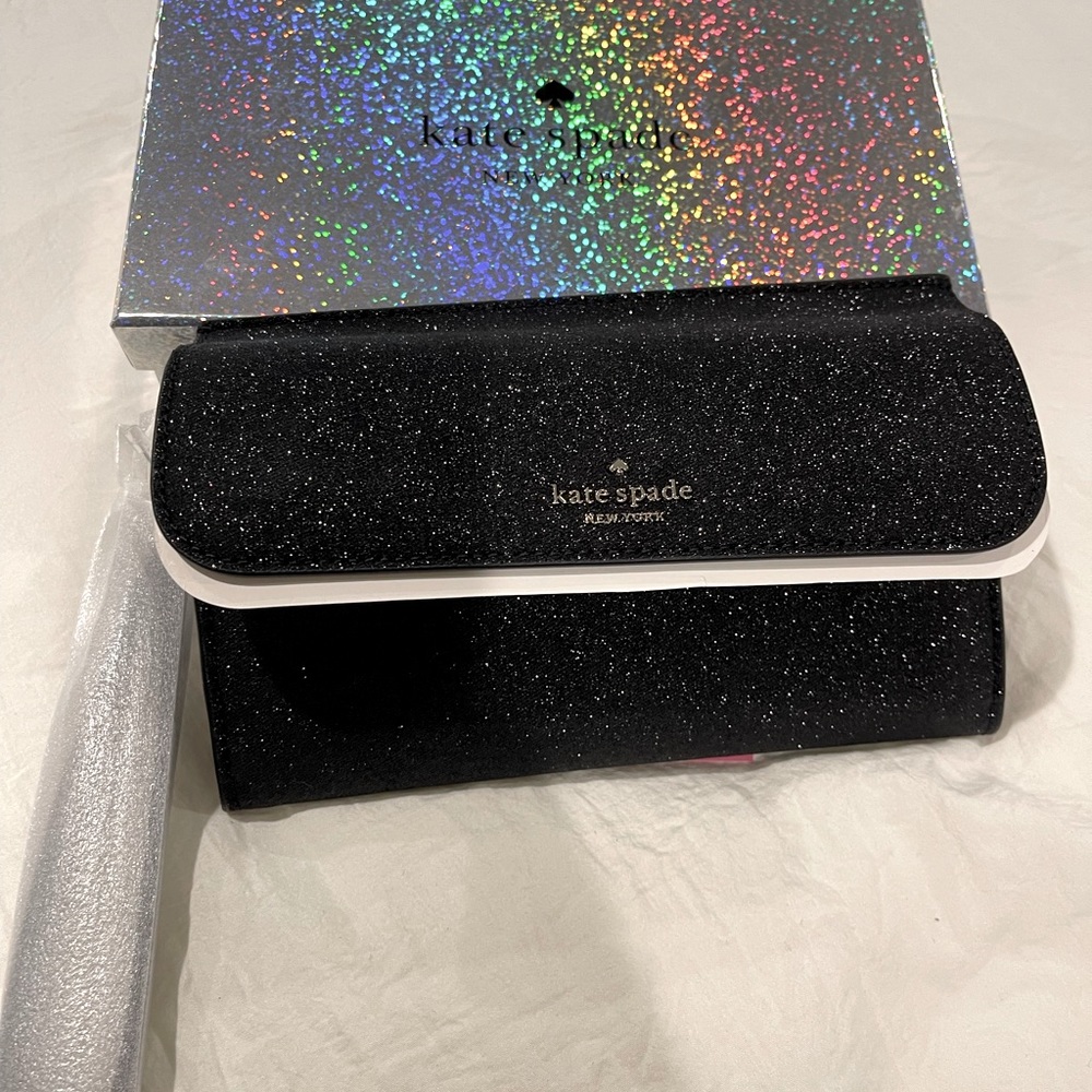 Kate Spade medium flap phone wristlet black glitter